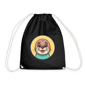 Seal Kawaii Cartoon Character Animal Pet Face - Drawstring Bag - black - Front