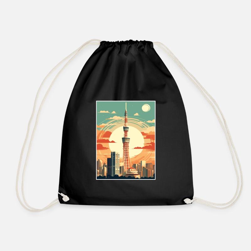 Japan Tokyo Travel Poster Souvenir Postcard Paint - Drawstring Bag - black