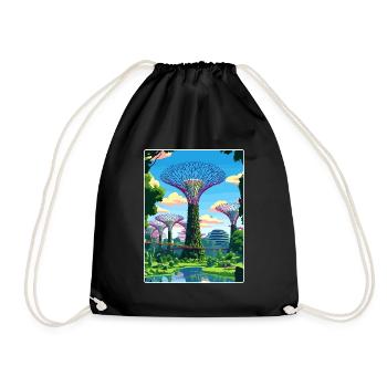 Supertree Grove Singapore Travel Poster Souvenir - Drawstring Bag - black - Front