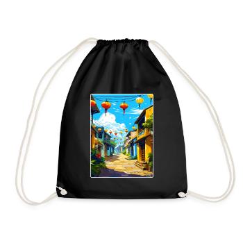 Hoi An Vietnam Travel Poster Souvenir Painting WPA - Drawstring Bag - black - Front