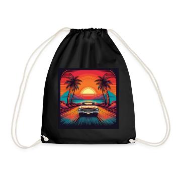 Retro Classic Car Sunset Drive Illustration - Drawstring Bag - black - Front