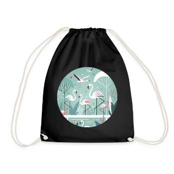 Flamingo Illustration in Tropical Environment - Drawstring Bag - black - Front