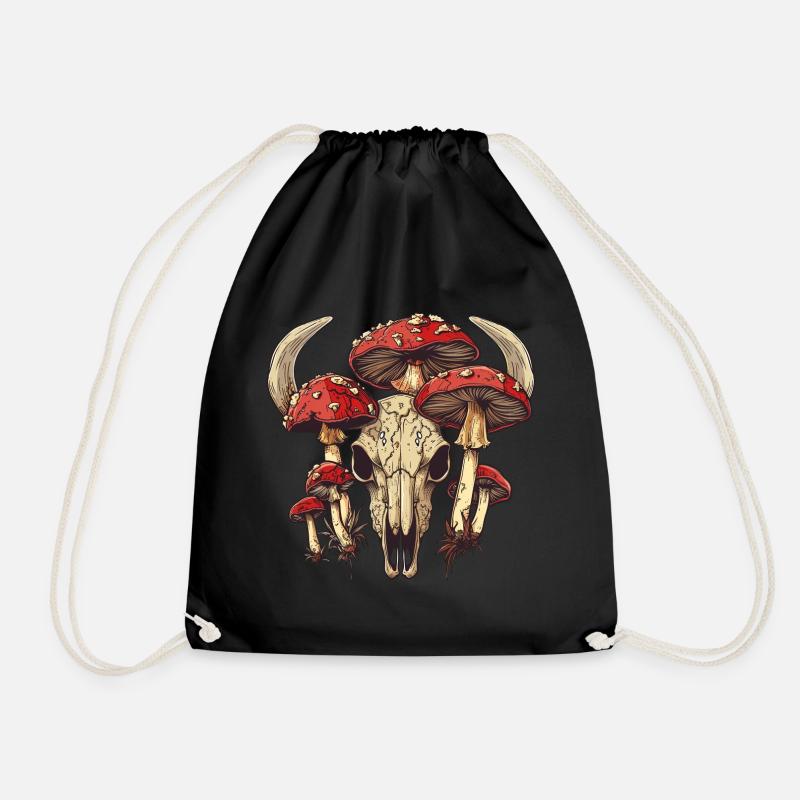 Skull Mushrooms Nature Motif - Drawstring Bag - black