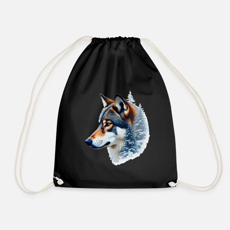 Snow Wolf: Wild and Winter Fusion - Drawstring Bag - black
