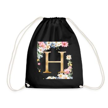 H Monogram, Floral, Personalizable - Drawstring Bag - black - Front