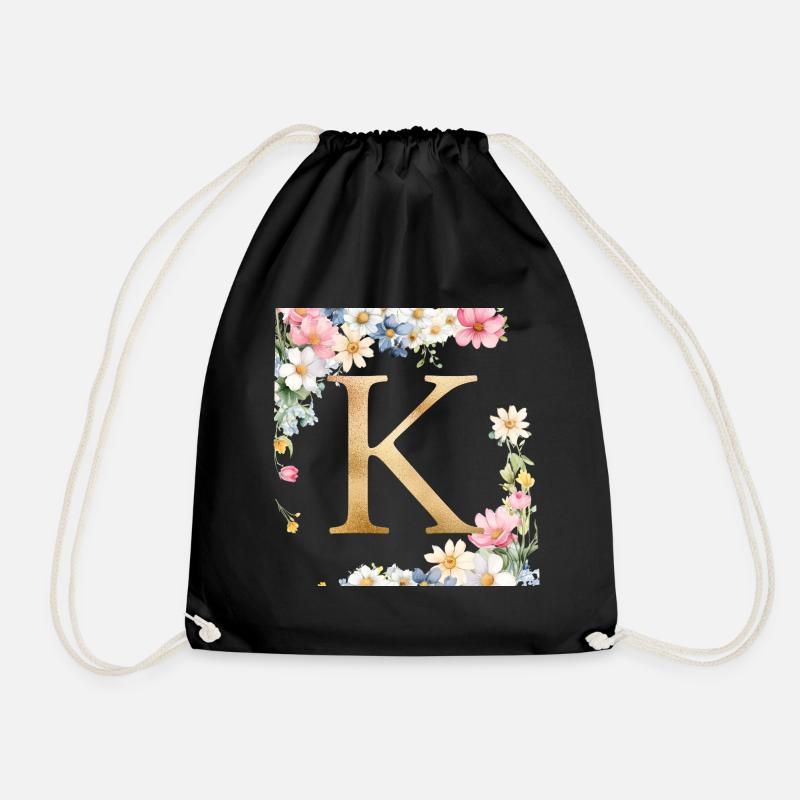 K Monogramm, Floral, personalisierbar - Turnbeutel - Schwarz