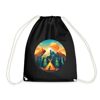Camping Design Modern Retro – Low Poly Zelt & Berg - Turnbeutel - Schwarz - Vorne