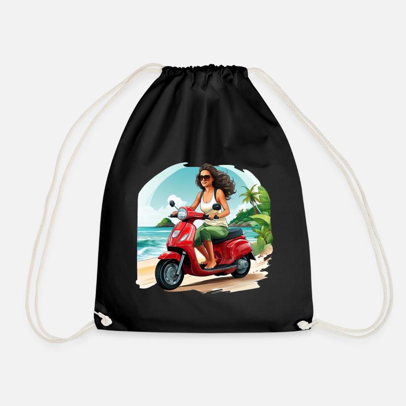 Frau mit rotem Roller am Strand - Turnbeutel - Schwarz