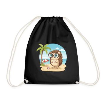 Cute Hedgehog with Glasses Beach Summer Vacation - Drawstring Bag - black - Front