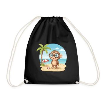 Cute Monkey with Glasses Beach Summer Vacation - Drawstring Bag - black - Front