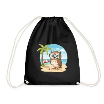 Cute Owl with Glasses Beach Summer Vacation - Drawstring Bag - black - Front