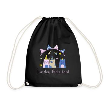 Live slow, party hard – Cute Cat Statement - Drawstring Bag - black - Front
