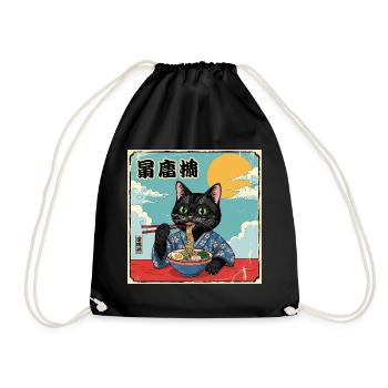 Kawaii Cat Eating Ramen Noodles Katze - Drawstring Bag - black - Front
