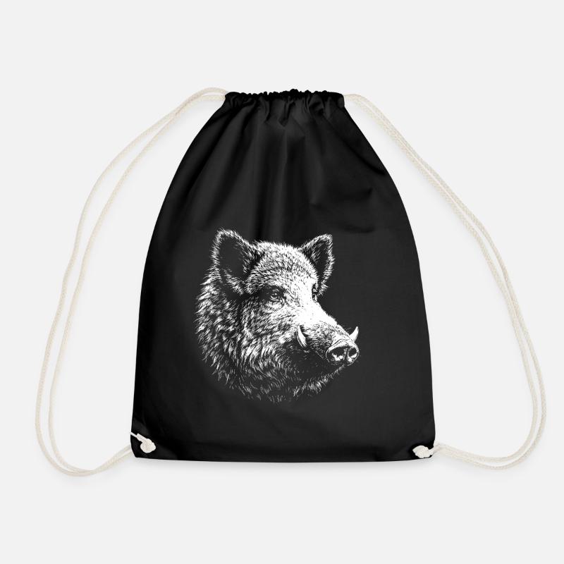 Wildschwein – Grafik mit weißem Bleistift auf schwarzem Hintergrund - Turnbeutel - Schwarz