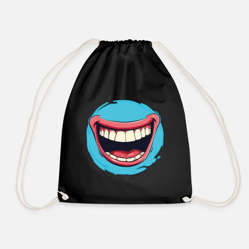 Laughing Cartoon mouth wide open with red lips - Drawstring Bag - black