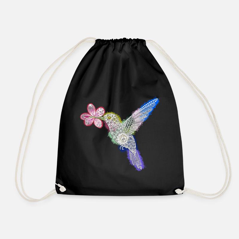 Zentangle Hummingbird with Flower - Drawstring Bag - black