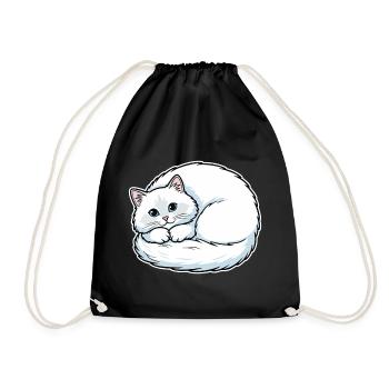 White Angora Cat Blue Eyes Coiled Cute - Drawstring Bag - black - Front