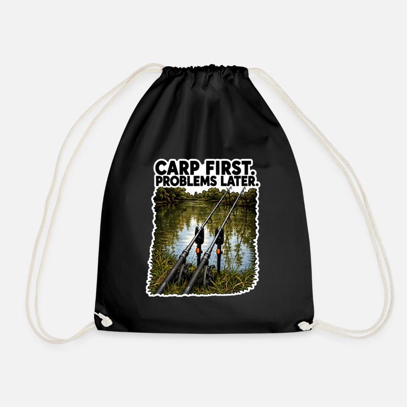 Carp First Problems Later Fishing Design - Drawstring Bag - black