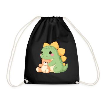 Kleiner grüner Dino mit Teddy - Süßes Comic-Motiv - Turnbeutel - Schwarz - Vorne