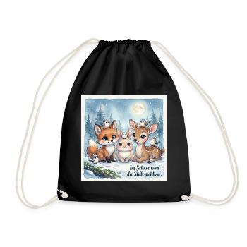 Süße Winterwald Tiere – Fuchs, Hase und Rehkitz  - Turnbeutel - Schwarz - Vorne