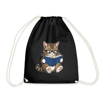 Lesende Katze mit Brille – Bücherwurm - Turnbeutel - Schwarz - Vorne