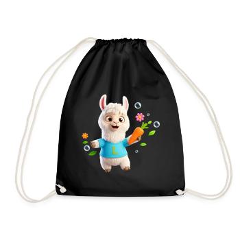 Lustiges Alpaka mit Karotte – Kinder Tiermotiv - Turnbeutel - Schwarz - Vorne