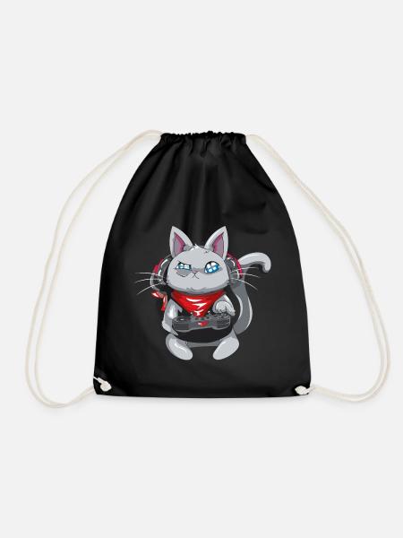 Katze mit Kopfhörern - spielende Katze - Gamer Katze - Turnbeutel - Schwarz