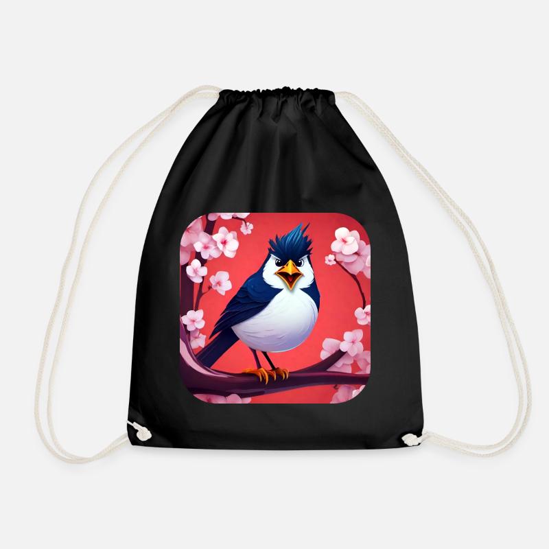 Funny little bird with cherry blossoms - Drawstring Bag - black