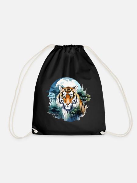 Tiger Raubkatze Natur Wald Mond Nacht Aquarell - Turnbeutel - Schwarz