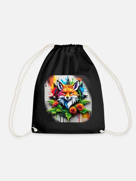 Logo mit Fuchs und Blumen im Grafitti Style - Turnbeutel - Schwarz