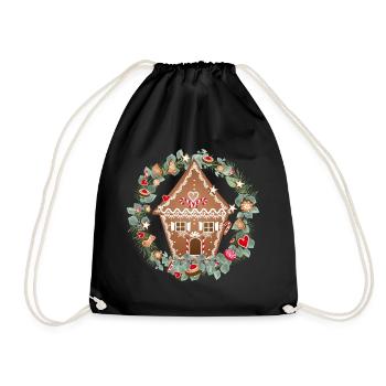 Gingerbread house in eucalyptus wreath for Christmas - Drawstring Bag - black - Front