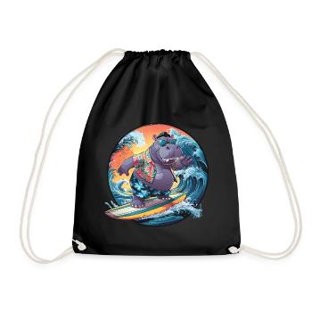 Hippo surfing lustiges cooles stylisches Hippo - Turnbeutel - Schwarz - Vorne