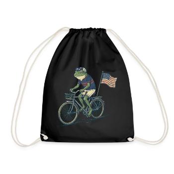 Funny Frog Riding Bicycle with American Flag - Drawstring Bag - black - Front