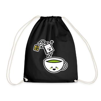 Funny Matcha Green Tea Kawaii Cartoon Teacup - Drawstring Bag - black - Front