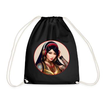 Asian beauty with tattoos and headphones - Drawstring Bag - black - Front
