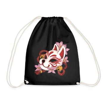 Tolle Kitsune Inari Kabuki Maske mit Kirschblüten - Turnbeutel - Schwarz - Vorne
