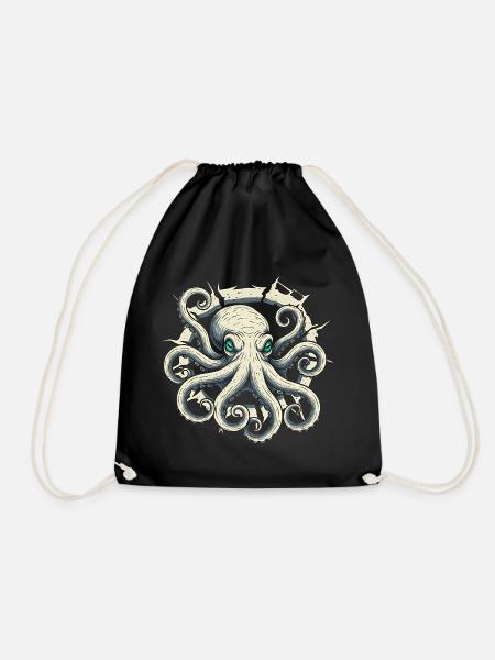 Octopus peeking out of crack - octopus tentacle - Drawstring Bag - black