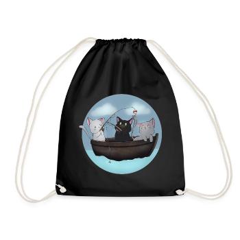 Kawaii Cats Fishing Boat Shirt - Drawstring Bag - black - Front