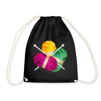 three colorful balls of wool with knitting needles - Drawstring Bag - black - Front