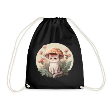 Aesthetic Cat Toadstool Hat Mushroom Cottagecore - Drawstring Bag - black - Front