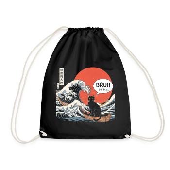 Bruh Cat Japanese Wave Aesthetic - Drawstring Bag - black - Front