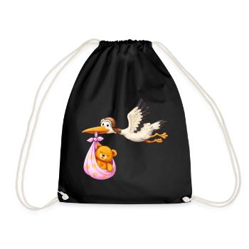 Petite fille cigogne avec cadeau en nounours en tissu - Sac de sport léger - noir - Devant