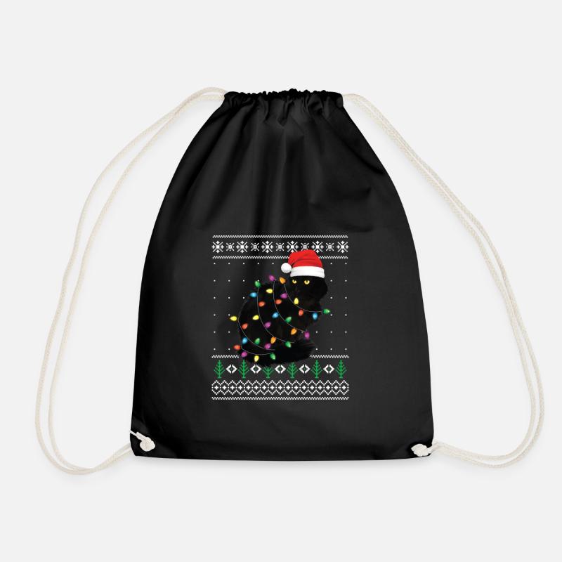 Black Cat Christmas Ugly Sweater Gift Funny Santa - Drawstring Bag - black