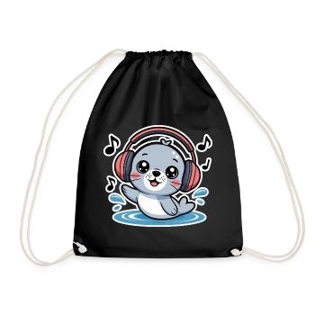 Cute seal with headphones and music notes - Drawstring Bag - black - Front
