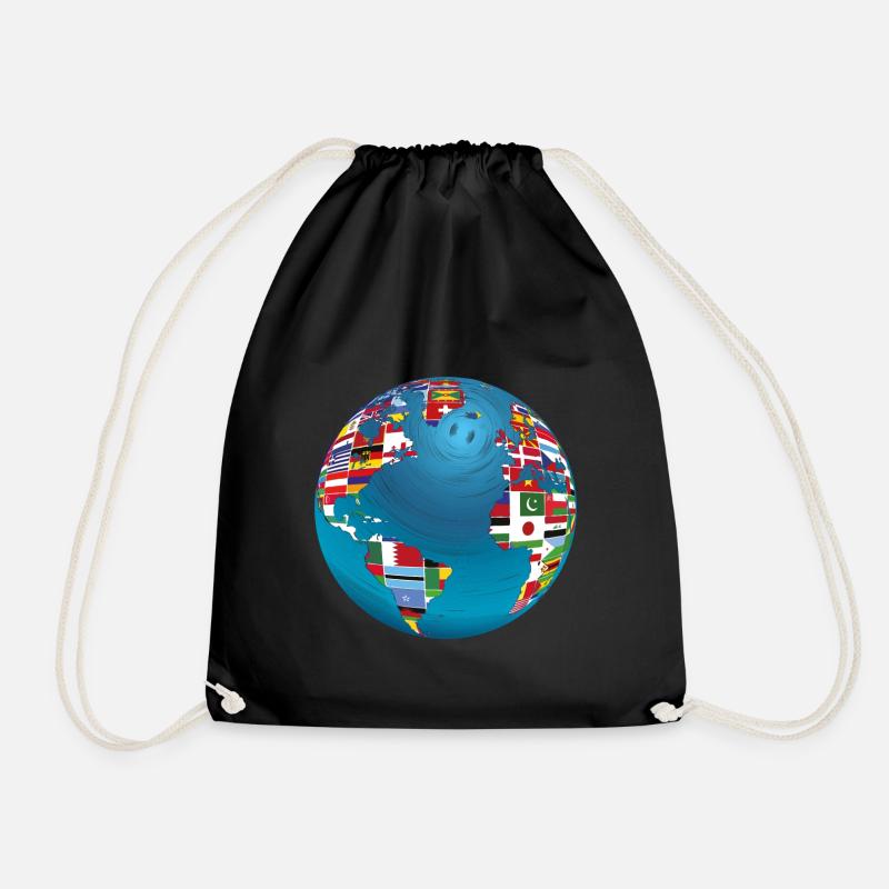 World map globe earth globe country flags continents - Drawstring Bag - black
