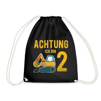 Kinder Achtung ich bin 2 Geburtstag 2 Jahre Bagger - Turnbeutel - Schwarz - Vorne