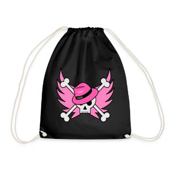 Flying skull with pink hat and pink wings - Drawstring Bag - black - Front