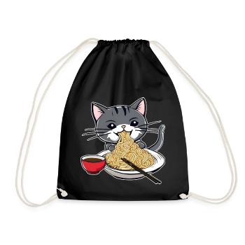 Cute Cat with Ramen Noodles - Drawstring Bag - black - Front