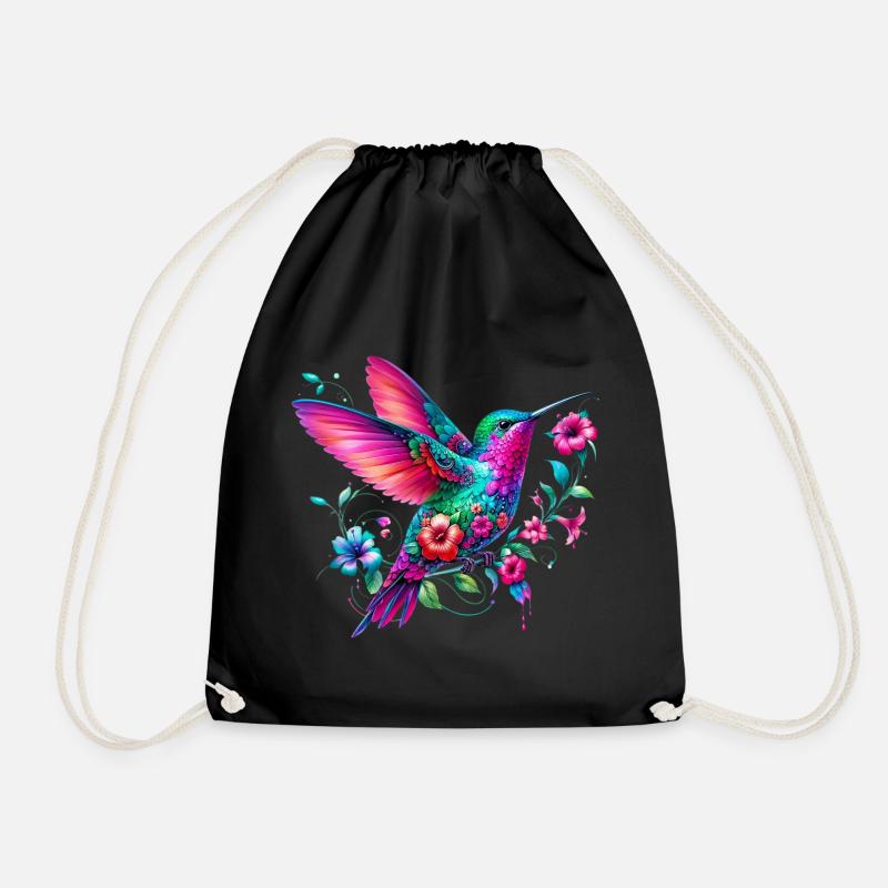 Kolibri mit Blumen geschmückt - Turnbeutel - Schwarz