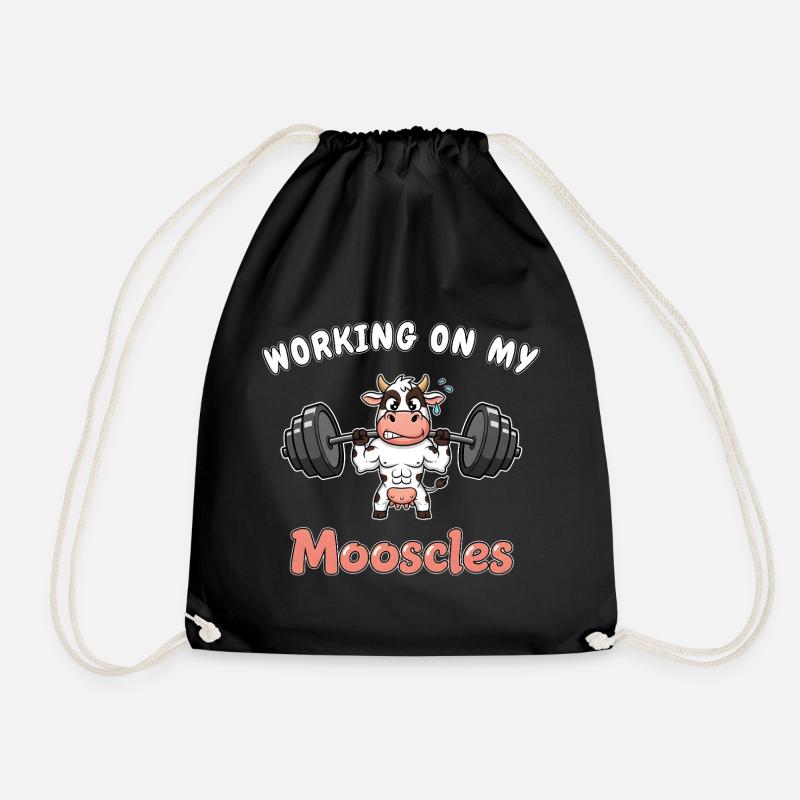 Cow - Working on my Mooscles - Funny Gym Design - Drawstring Bag - black
